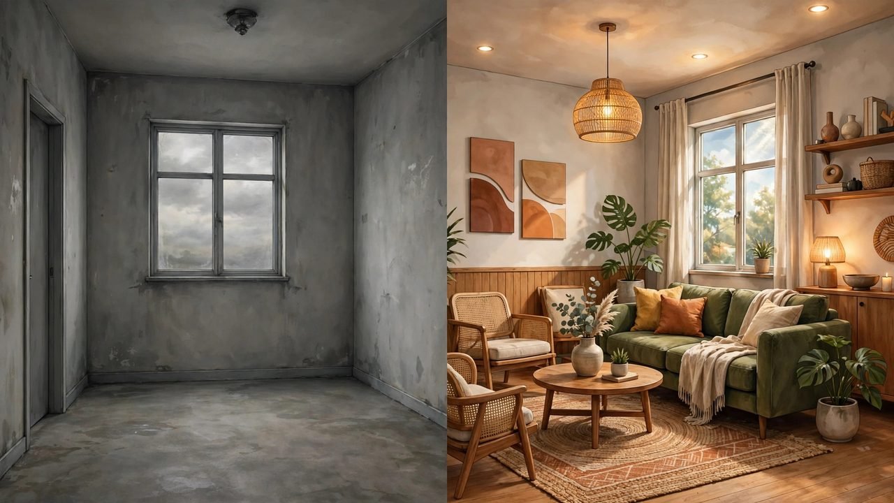 Split view of an empty dull room beside the same room after AI interior design