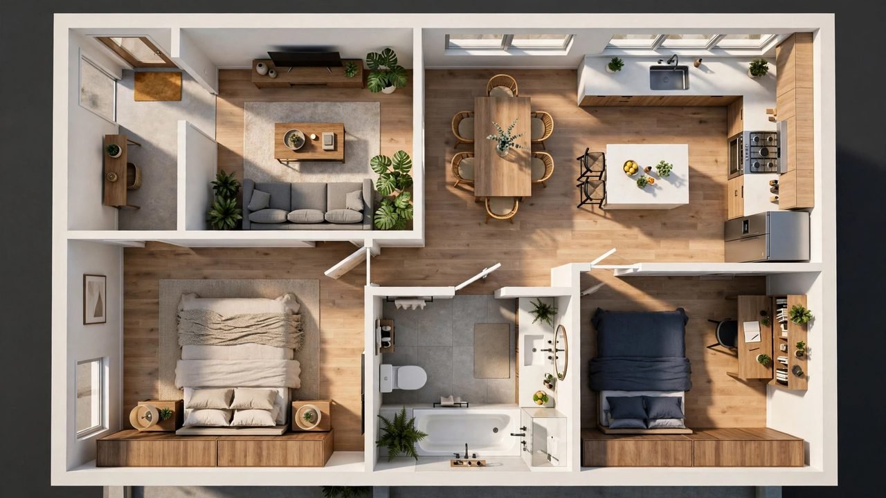 Best AI interior design tools 2026: top-down 3D floor plan rendering with furniture placed by an AI design tool