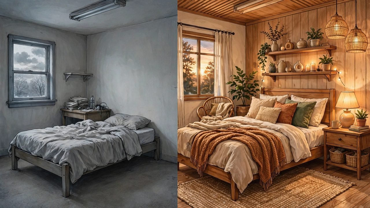 Cozy bedroom redesign concept shown as AI-generated before and after visuals
