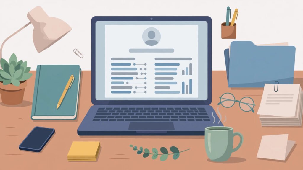 Flat illustration of a job seeker's desk with a laptop displaying a resume, notebook, coffee mug and documents.
