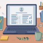 Flat illustration of a job seeker's desk with a laptop displaying a resume, notebook, coffee mug and documents.