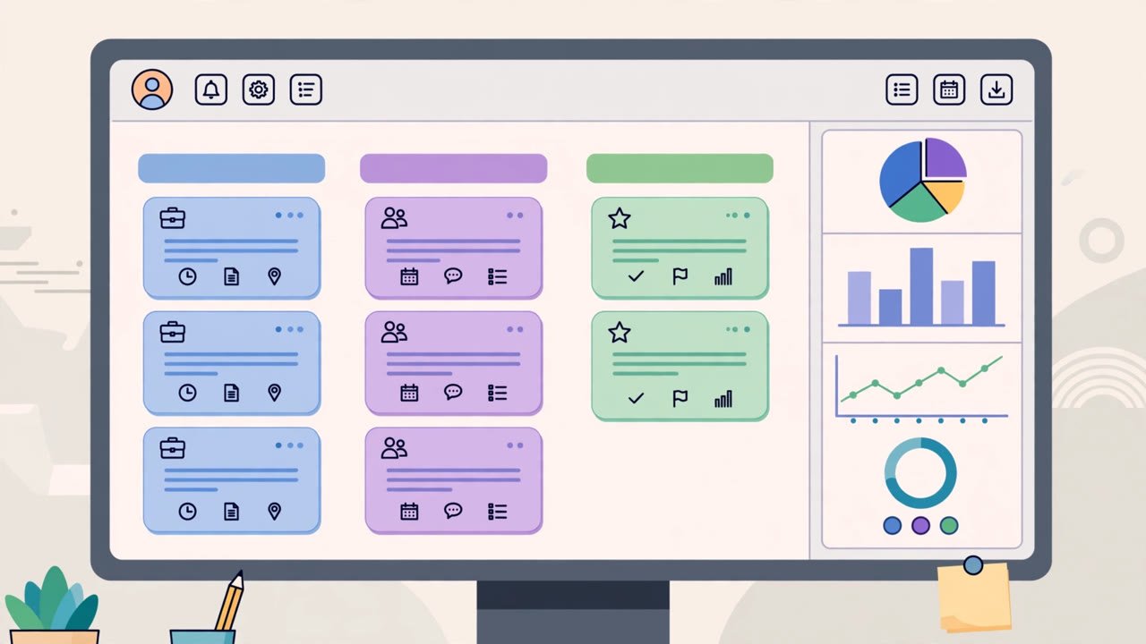 Illustration of a job application tracker dashboard with kanban cards and progress charts