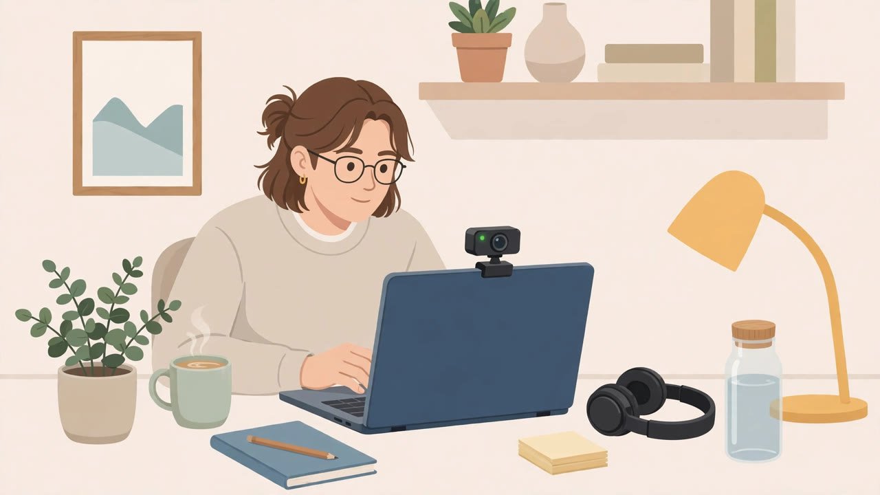 Person preparing for a video job interview at a laptop with a webcam on a tidy desk