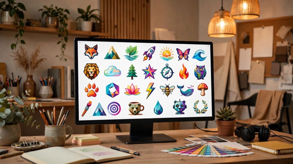 AI logo generator creating dozens of colorful logo concepts on a designer's screen in a modern studio