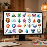 AI logo generator creating dozens of colorful logo concepts on a designer's screen in a modern studio