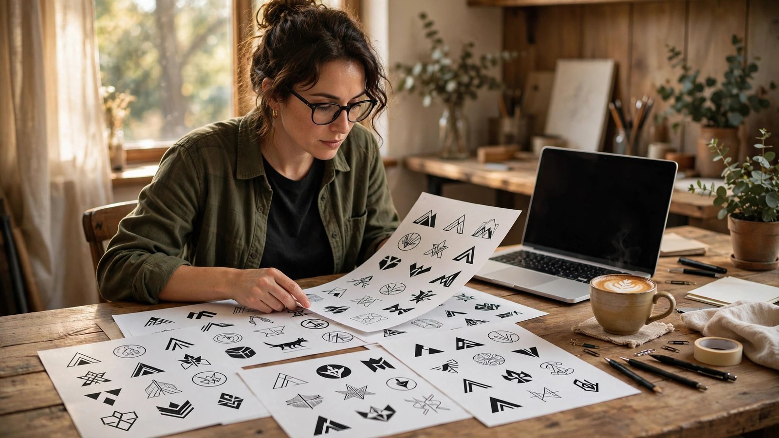Designer comparing AI-generated logo concepts spread across a studio desk