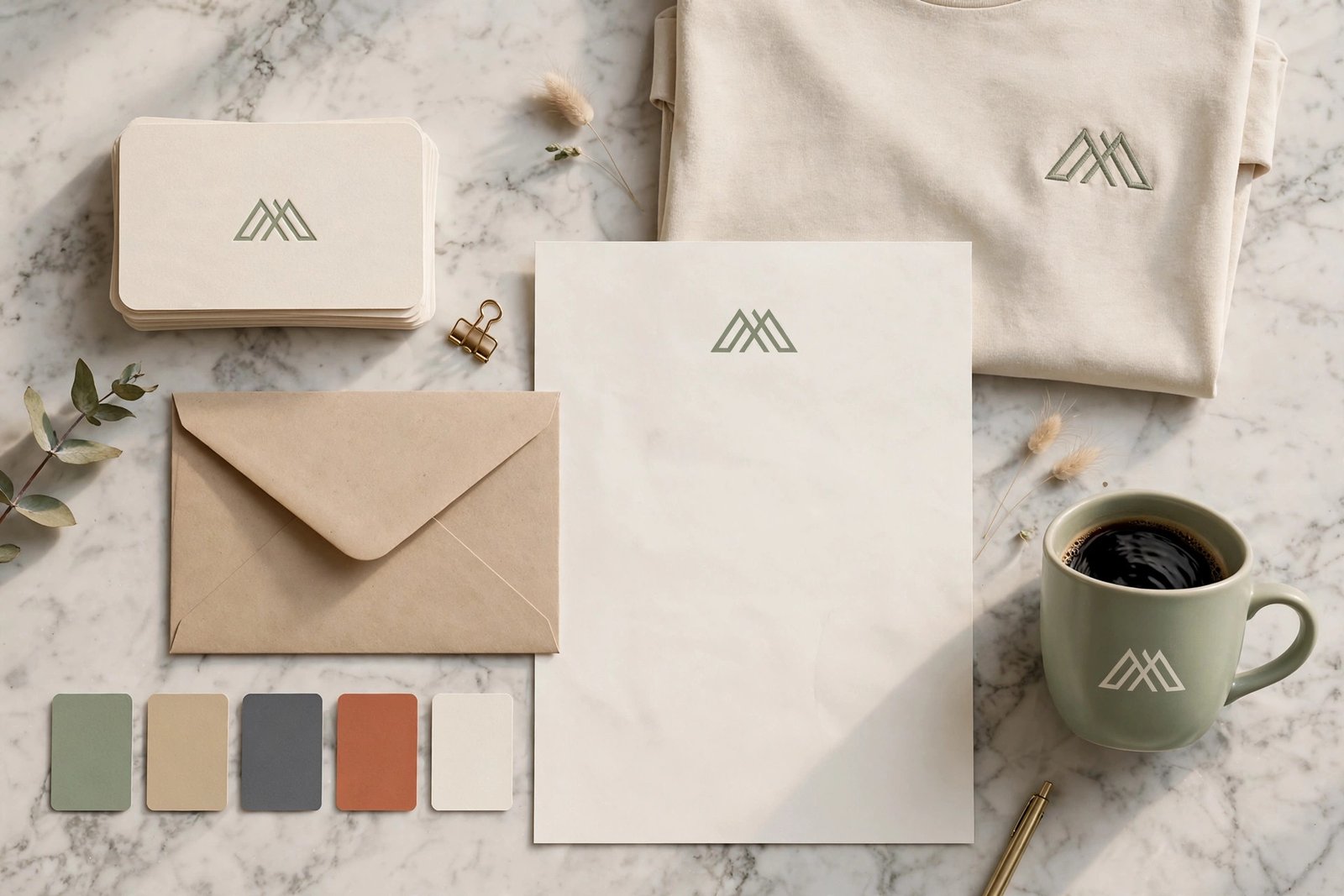 Flat lay of a complete brand identity kit with business cards, letterhead and logo mockups
