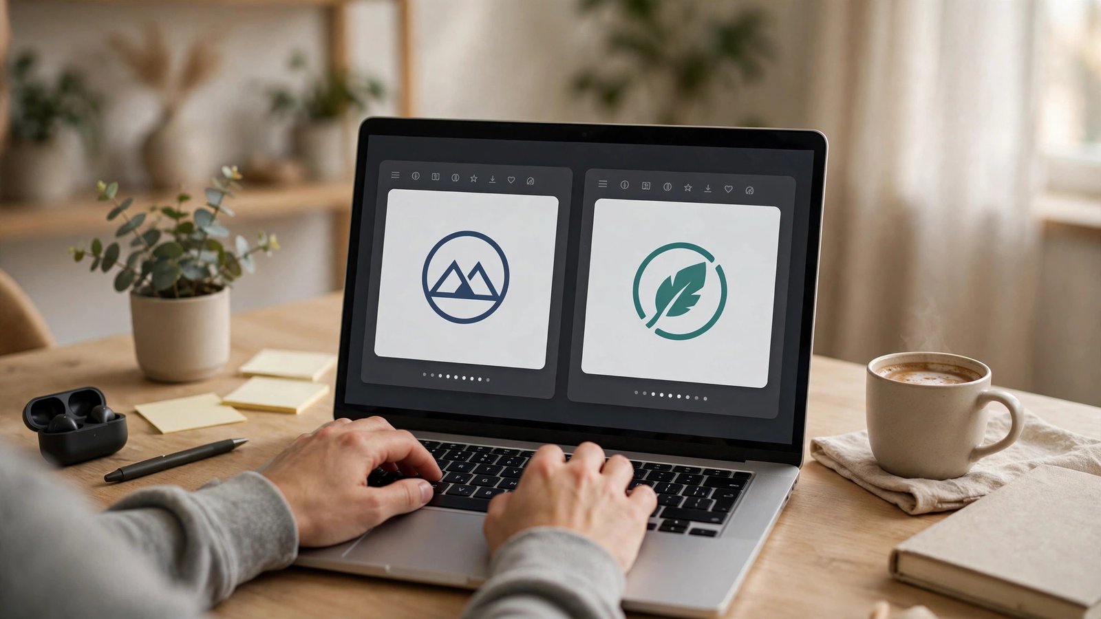 Laptop screen showing side-by-side logo variations from different AI logo makers