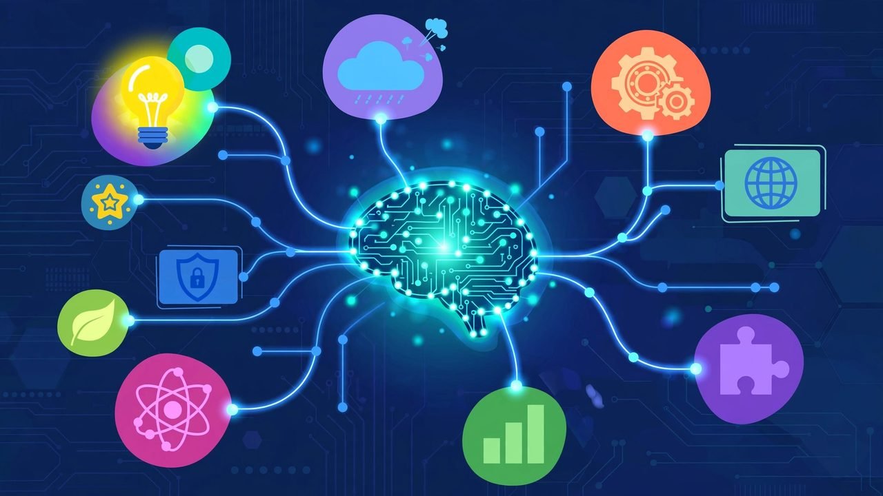 Best AI mind mapping tools 2026: a glowing AI brain node with luminous branches spreading into colorful connected idea bubbles