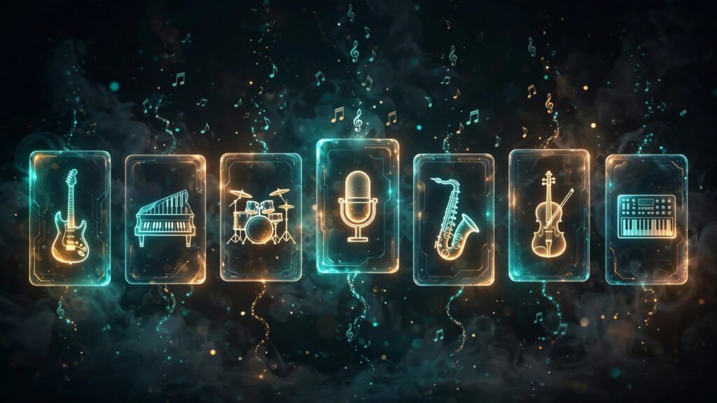 Seven glowing music player cards each showing a different instrument, with musical notes drifting upward over a dark background
