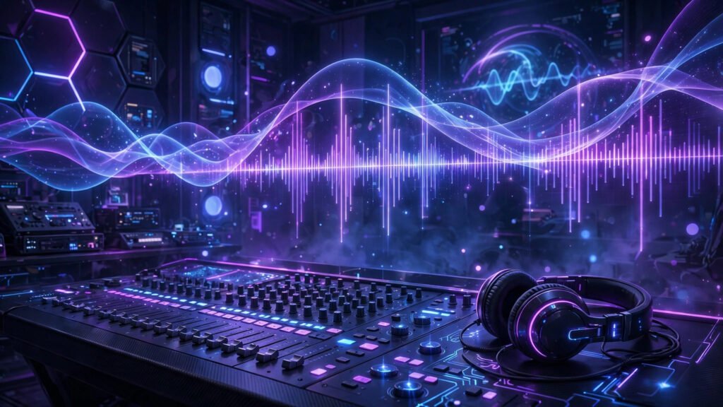 Futuristic music studio with glowing sound waves and a digital equalizer across a mixing console, neon purple and blue lighting