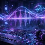 Futuristic music studio with glowing sound waves and a digital equalizer across a mixing console, neon purple and blue lighting