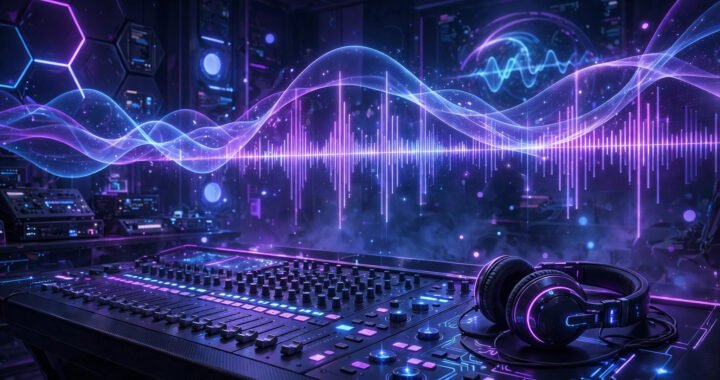 Futuristic music studio with glowing sound waves and a digital equalizer across a mixing console, neon purple and blue lighting
