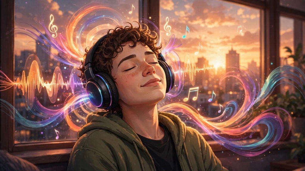 Person wearing headphones with eyes closed enjoying music, surrounded by colorful sound waves with a sunset city window behind them