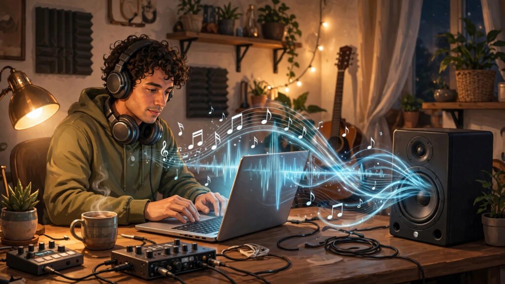 Home music producer typing a text prompt on a laptop as musical notes and sound waves flow from the screen into a studio speaker