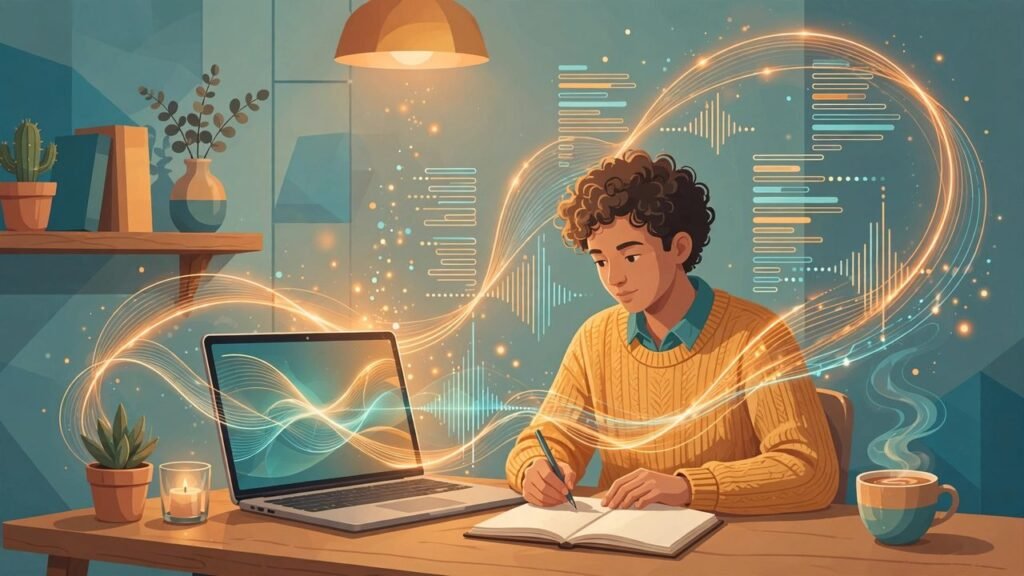 Warm illustration of a person taking notes on a laptop with glowing AI transcription waves swirling around them