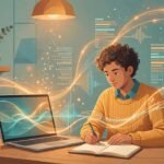 Warm illustration of a person taking notes on a laptop with glowing AI transcription waves swirling around them