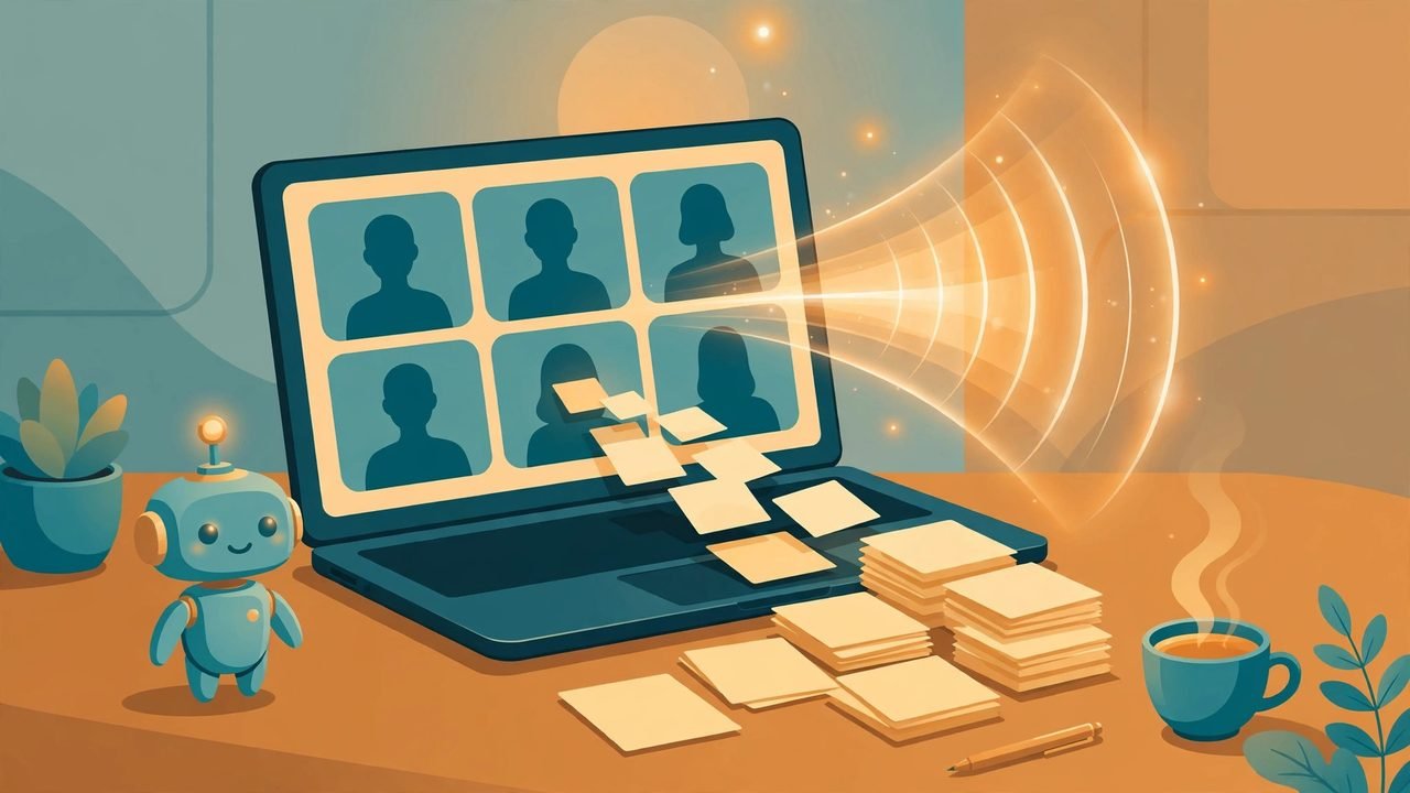 Illustration of an AI assistant transcribing a video call, with sound waves turning into organized note cards