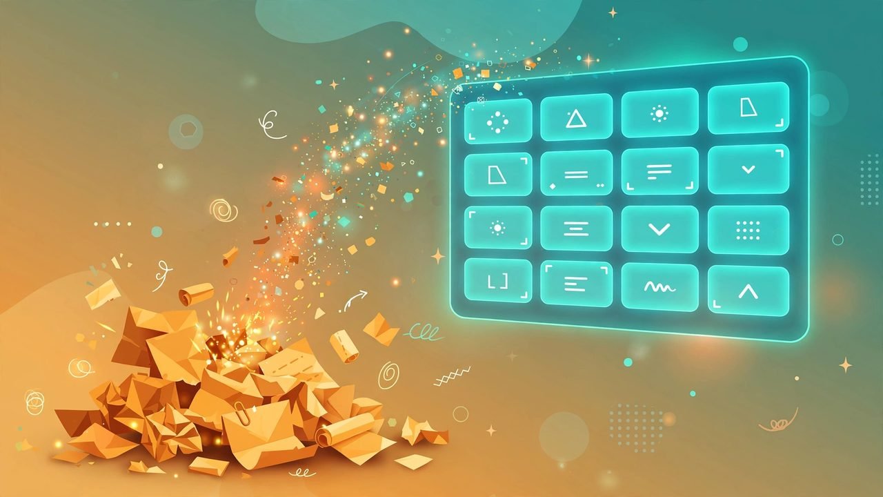 Illustration of messy handwritten notes floating upward and transforming into tidy glowing digital cards