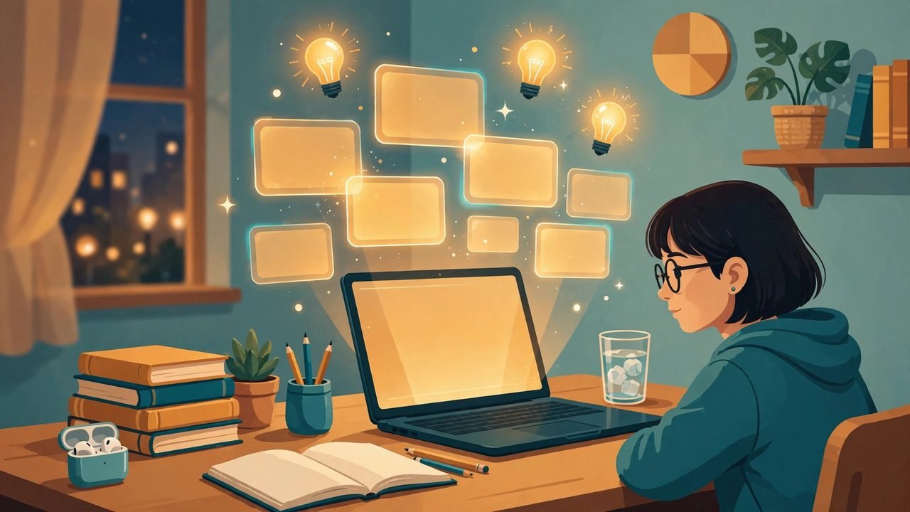 Illustration of a student studying with books while glowing AI summary cards float above the laptop