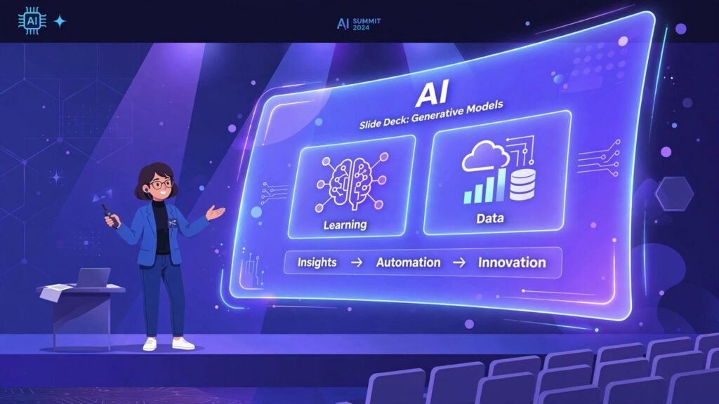 Illustration of a presenter on stage next to a giant glowing AI slide deck in purple and blue tones