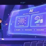 Illustration of a presenter on stage next to a giant glowing AI slide deck in purple and blue tones