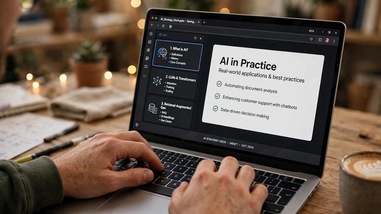 Close-up of hands typing on a laptop showing AI-generated slide thumbnails in a cozy office