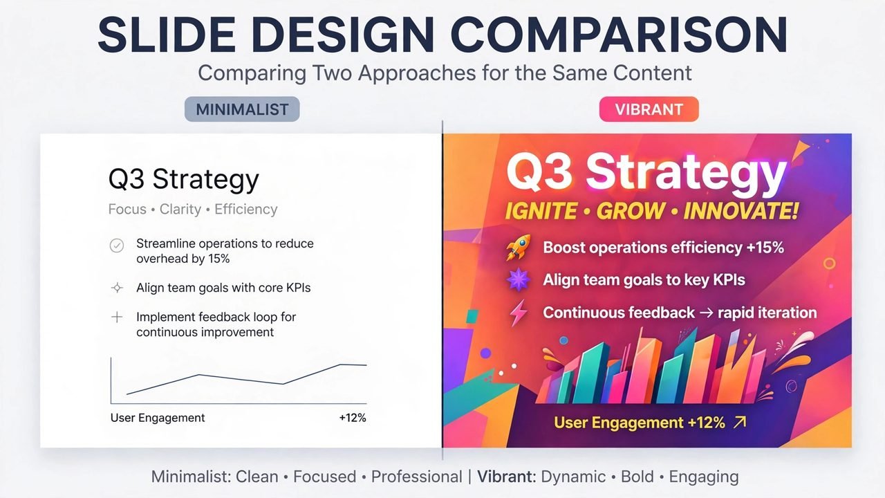 Split-screen visual comparing a minimalist slide design with a vibrant slide design