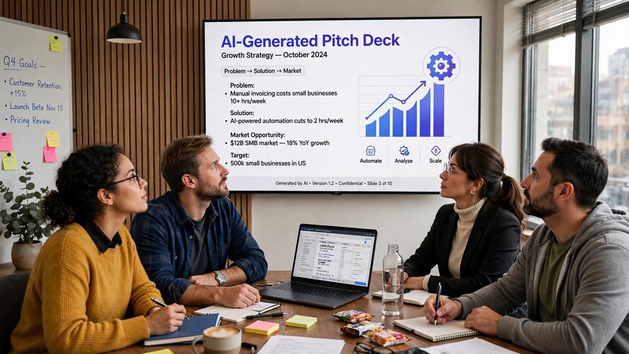 Small business team watching an AI-generated pitch deck on a wall screen in a meeting room