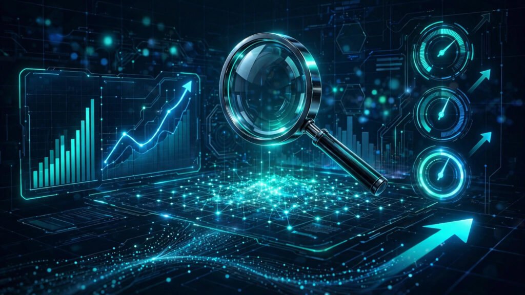 Glowing SEO analytics dashboard with rising ranking charts and gauges