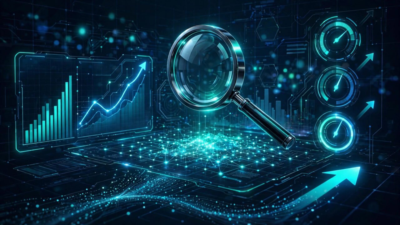 Glowing SEO analytics dashboard with rising ranking charts and gauges