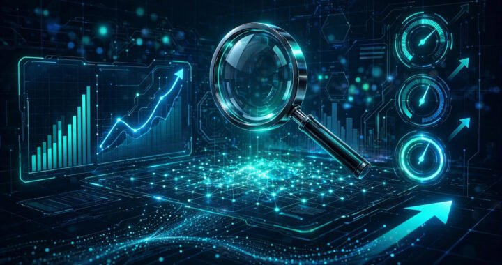 Glowing SEO analytics dashboard with rising ranking charts and gauges