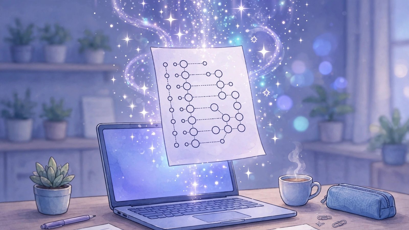 AI-generated content brief document floating over a laptop on a desk