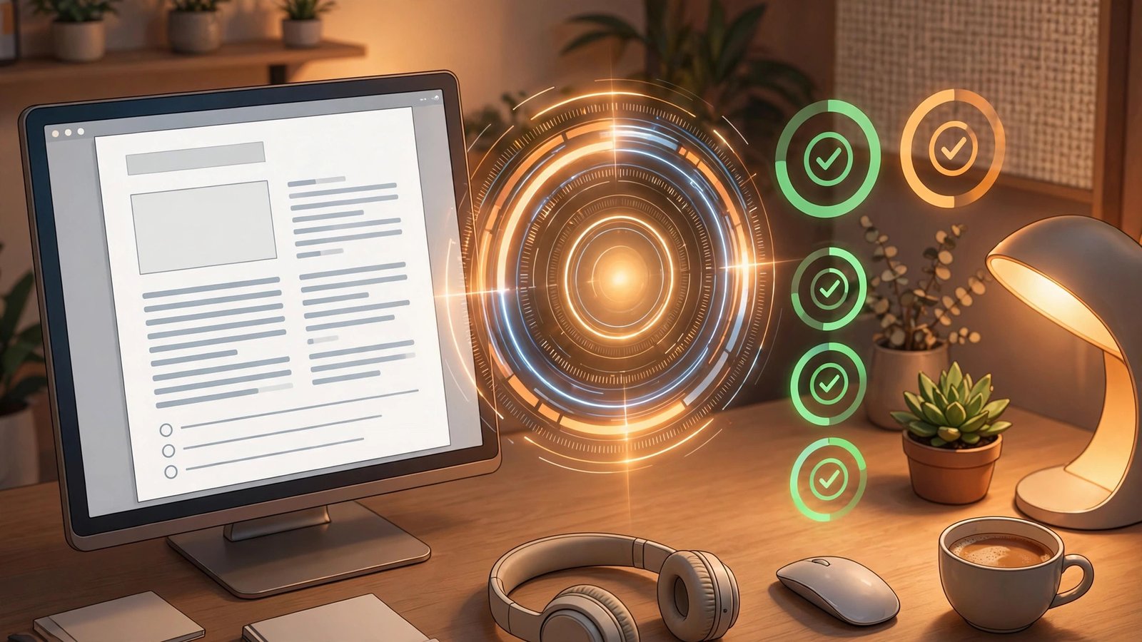 AI content editor workspace with a glowing content score meter beside a document