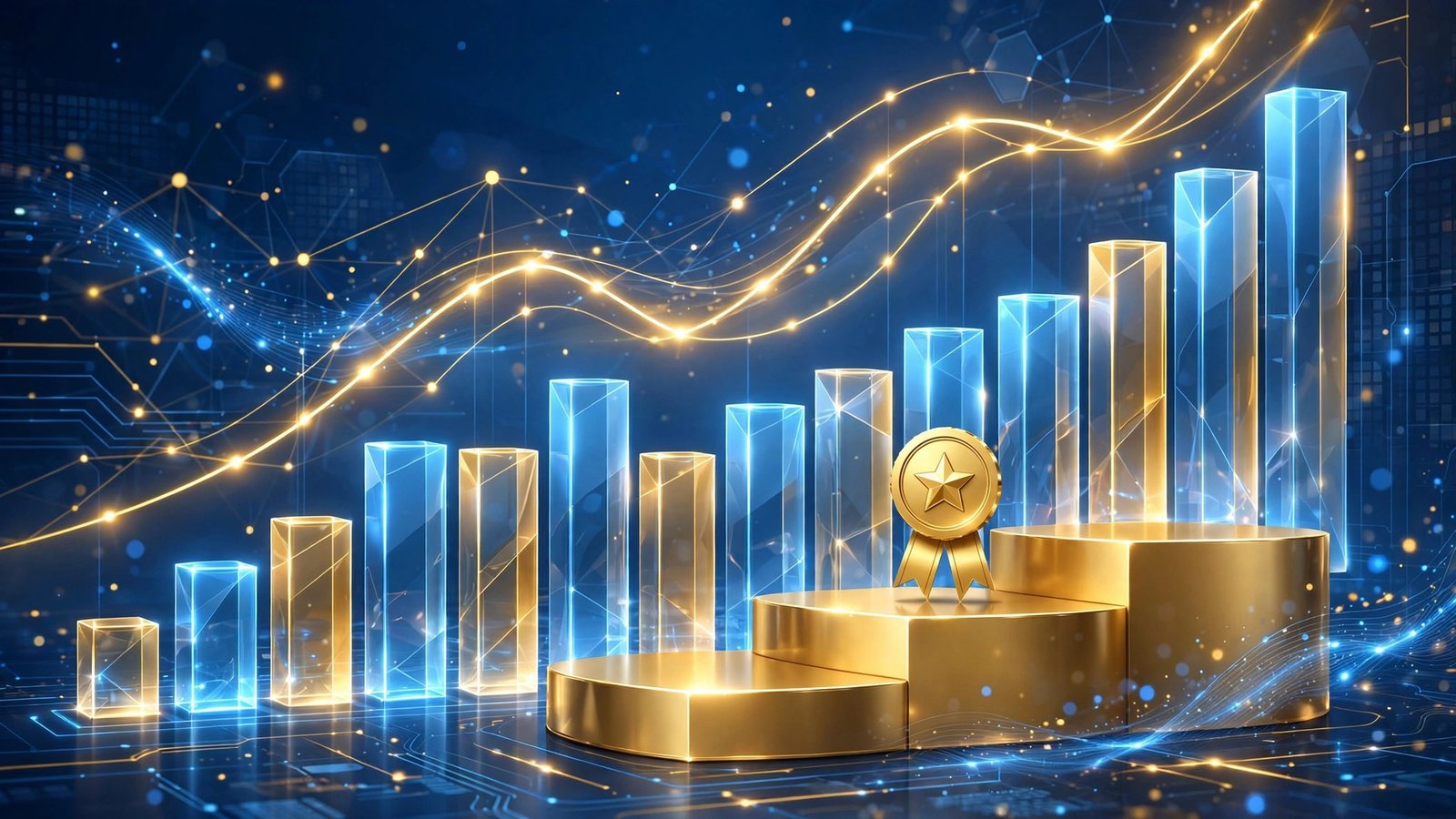 Gold medal on podium with rising bar charts showing SEO ranking growth