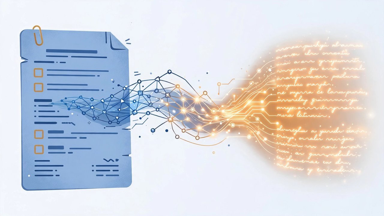 AI translating a business contract document between two languages with neural network flow
