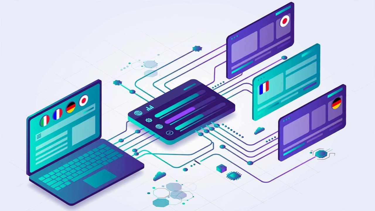 Multilingual website localization workflow with laptop and translation dashboard
