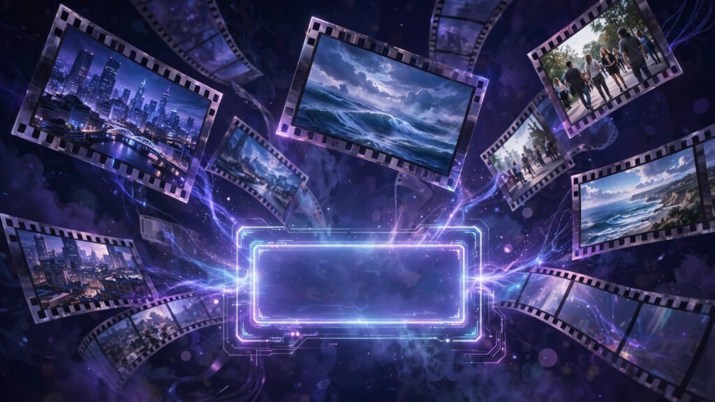 AI-generated cinematic video scenes emerging from a glowing text prompt box, purple and blue tones