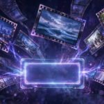 AI-generated cinematic video scenes emerging from a glowing text prompt box, purple and blue tones