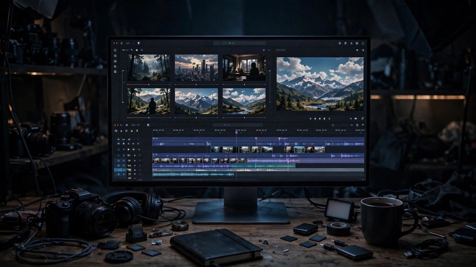 Filmmaker desk with AI video editing timeline on a monitor showing text-to-video workflow