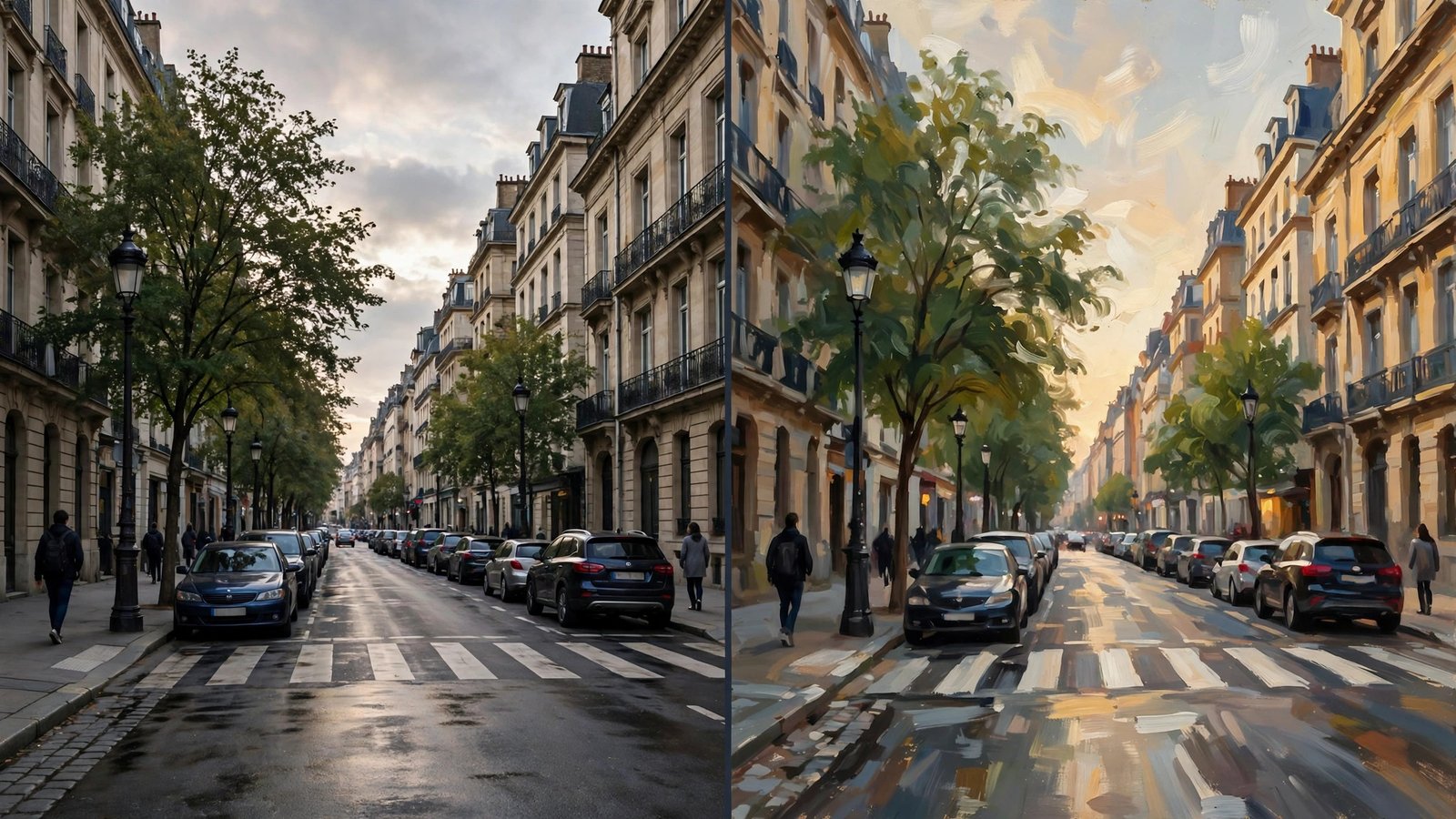 Side-by-side comparison of two AI video frames, one photorealistic and one stylized artistic