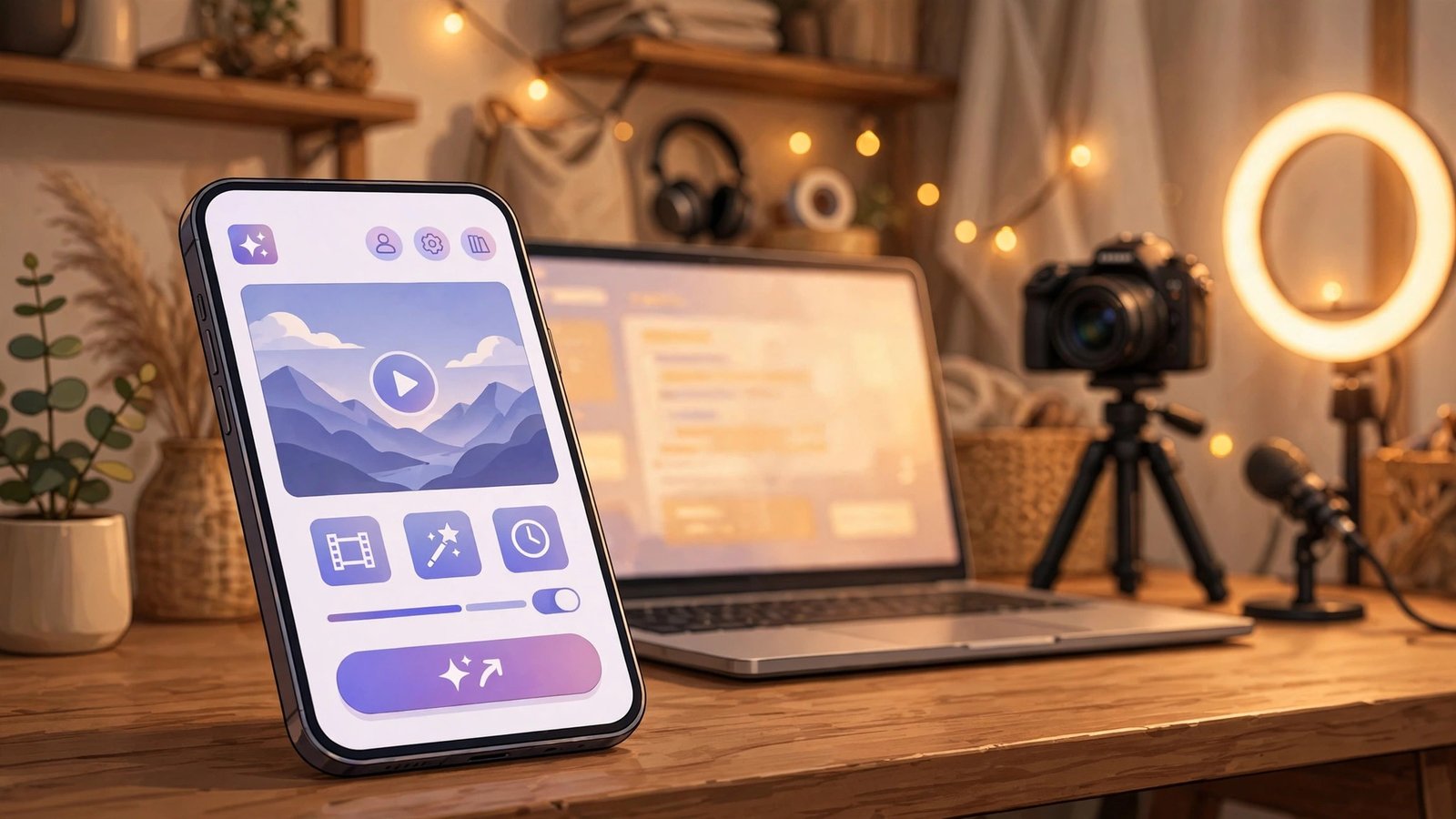Smartphone showing an AI video generation app in a content creator studio setup
