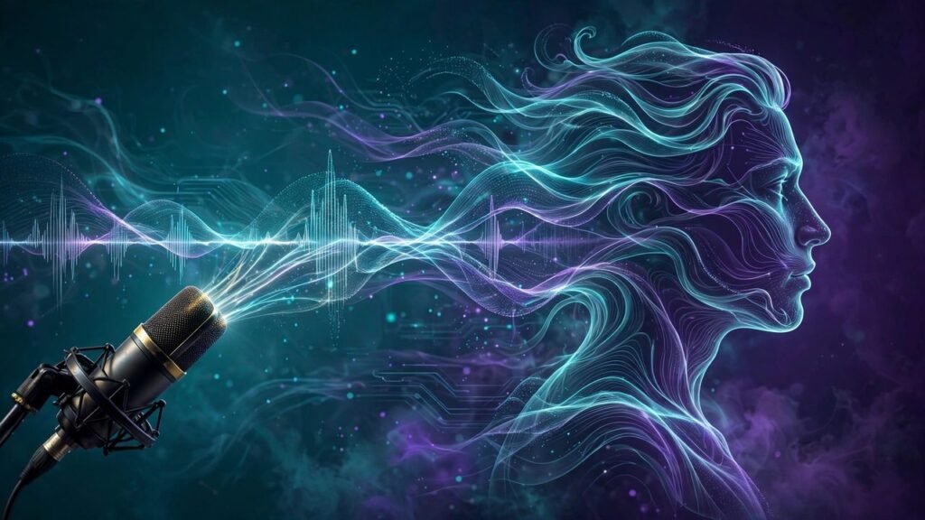 AI illustration of sound waves morphing into a human voice profile silhouette with a studio microphone, teal and purple gradient