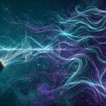 AI illustration of sound waves morphing into a human voice profile silhouette with a studio microphone, teal and purple gradient