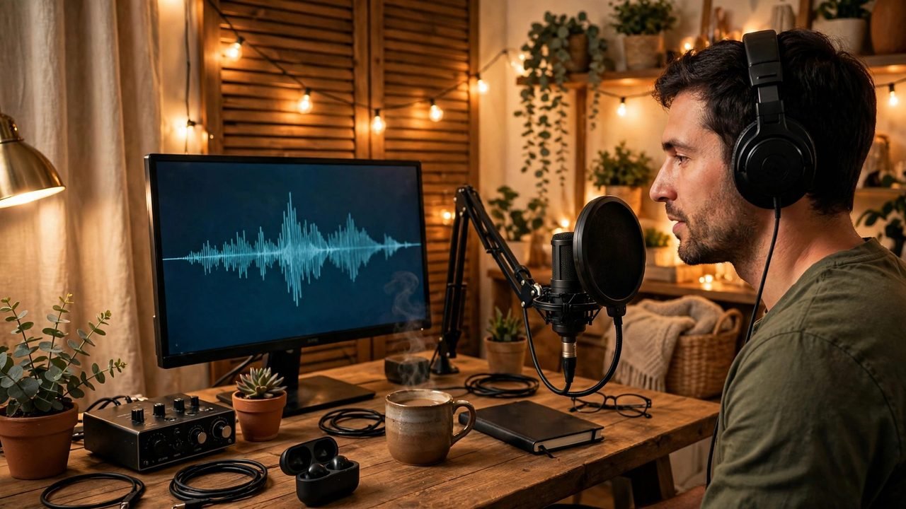 Podcaster recording in a cozy home studio with an audio waveform displayed on a monitor