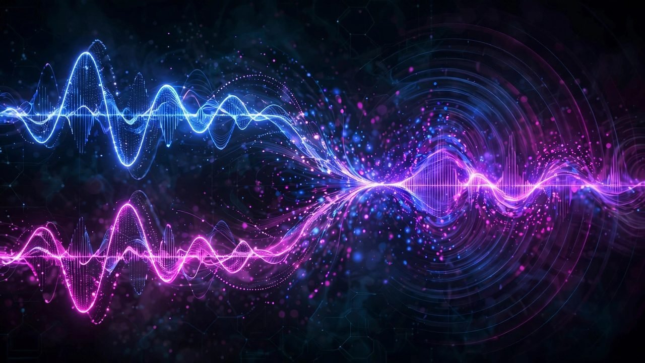 Abstract digital art of two glowing voice waveforms merging, symbolizing AI voice cloning