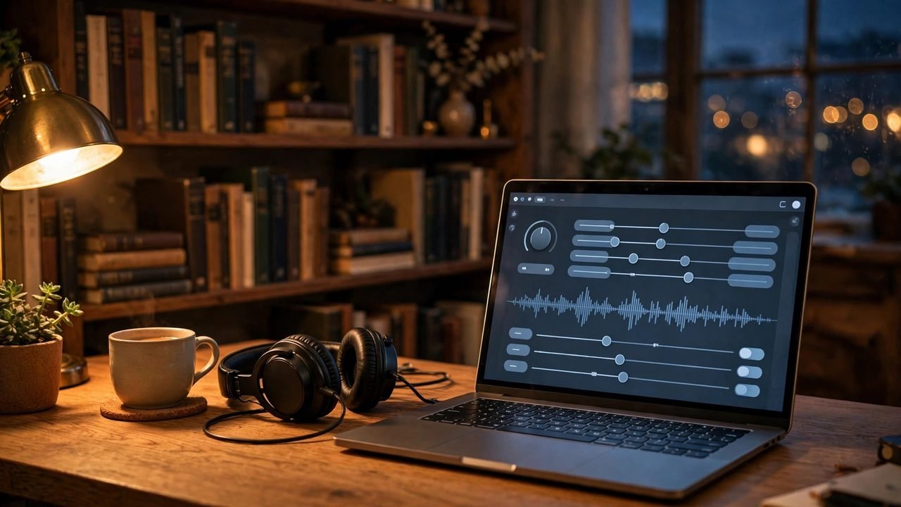 Audiobook narrator workspace with headphones and a laptop showing voice settings under a warm desk lamp