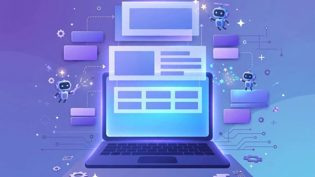 AI illustration of a laptop with website layouts being generated by an AI website builder