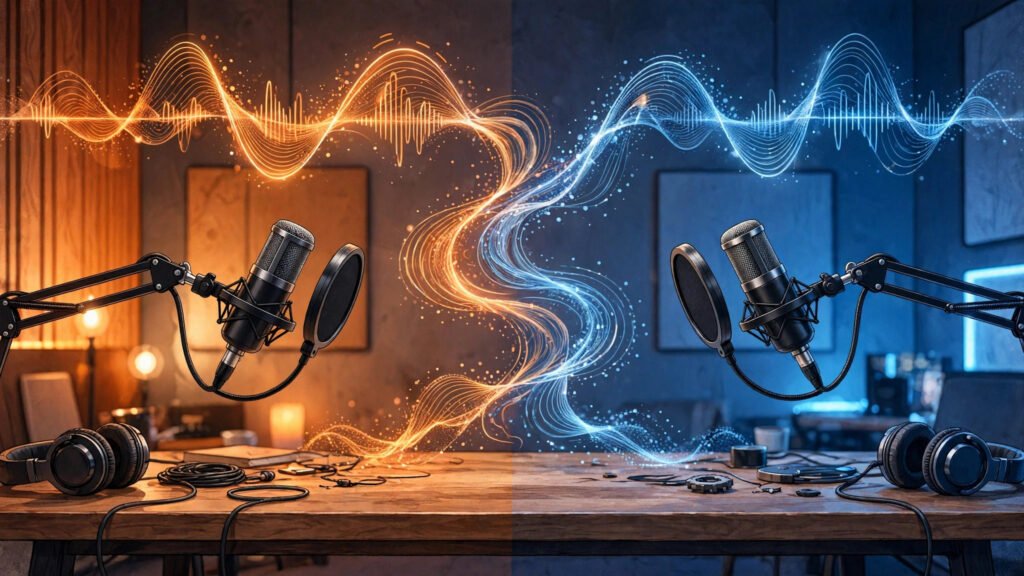 Two podcast microphones facing each other across a studio table with floating sound waves, one side warm orange and the other cool blue