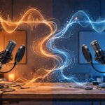 Two podcast microphones facing each other across a studio table with floating sound waves, one side warm orange and the other cool blue